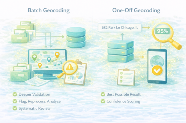 Accuracy considerations in batch geocoding and one-off geocoding